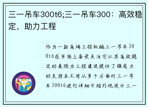 三一吊车300t6;三一吊车300：高效稳定，助力工程