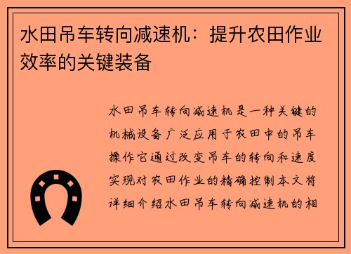 水田吊车转向减速机：提升农田作业效率的关键装备