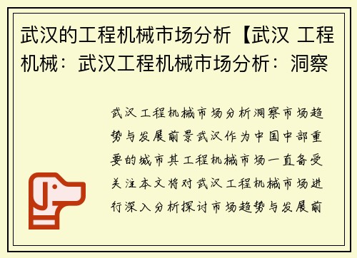 武汉的工程机械市场分析【武汉 工程机械：武汉工程机械市场分析：洞察市场趋势与发展前景】