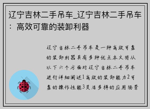 辽宁吉林二手吊车_辽宁吉林二手吊车：高效可靠的装卸利器